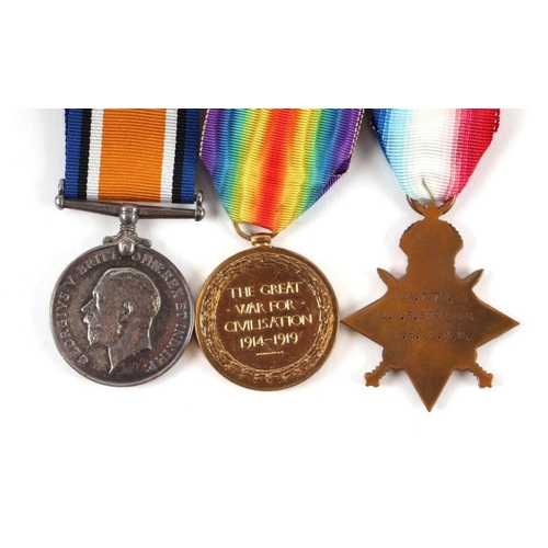 99 - A WWI trio comprising 1914/1915 Star, British War Medal and Victory medal awarded to '7274 D.A. J.M.... 