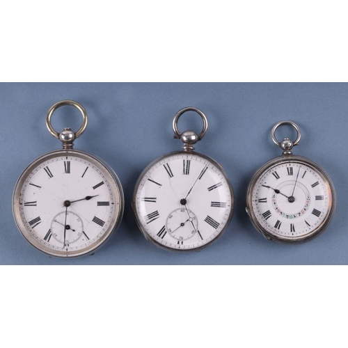 Three silver open faced pocket watches, various dates and makers marks (3).