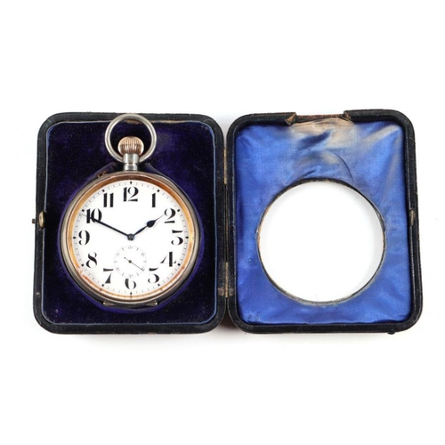 1040 - A nickle cased open faced Goliath pocket watch, the white enamel dial with Arabic numerals and subsi... 