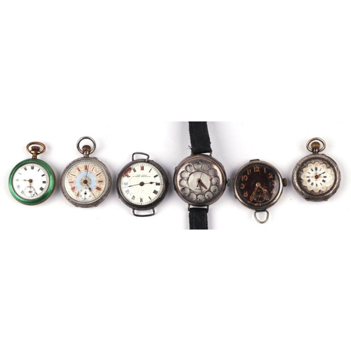 1041 - Two silver cased fob watches; together with a gilt metal and enamel fob watch and three silver cased... 