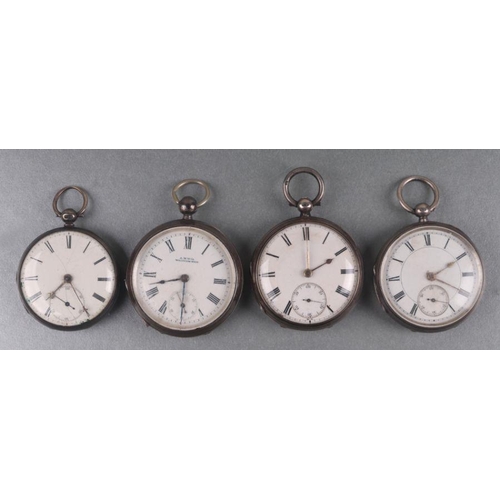 1045 - A group of silver cased open faced pocket watches with enamel dials and Roman numerals and subsidiar... 