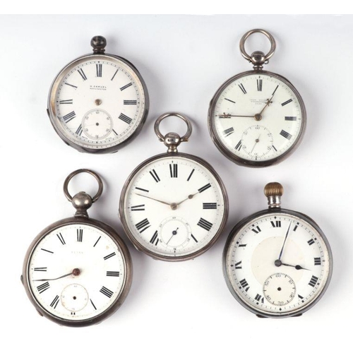 1046 - A group of silver cased open faced pocket watches, the white enamel dials with Roman numerals and su... 