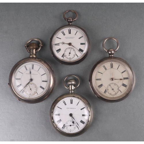 1047 - A group of silver cased open faced pocket watches, the white enamel dials with Roman numerals and su... 