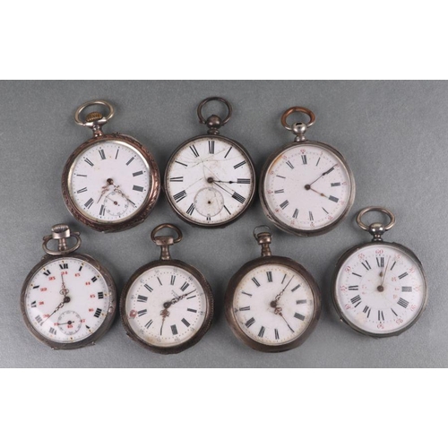 1048 - A group of silver cased open faced pocket watches, the white enamel dials with Roman numerals, vario... 