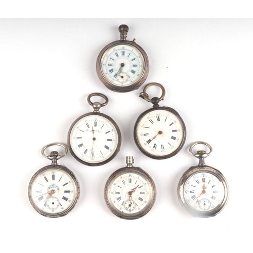 1049 - A group of silver cased open faced pocket watches, with white enamel dials, various dates and makers... 