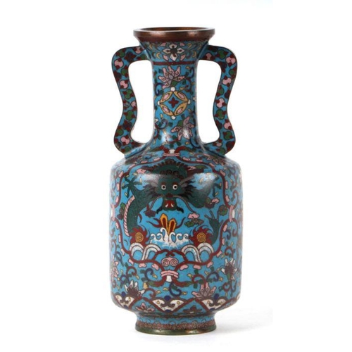 1362 - A Japanese two-handled cloisonne vase decorated with dragons and scrolling stylised flowers, single ... 