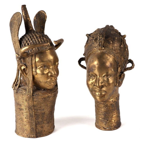 1501 - A pair of African tribal gilded cast bronze figural staff heads, each approx 35cms high (2).