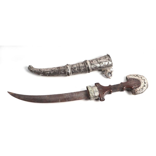 1538 - A Middle Eastern dagger with white metal mounted hardwood grip, curved blade, in a white metal scabb... 