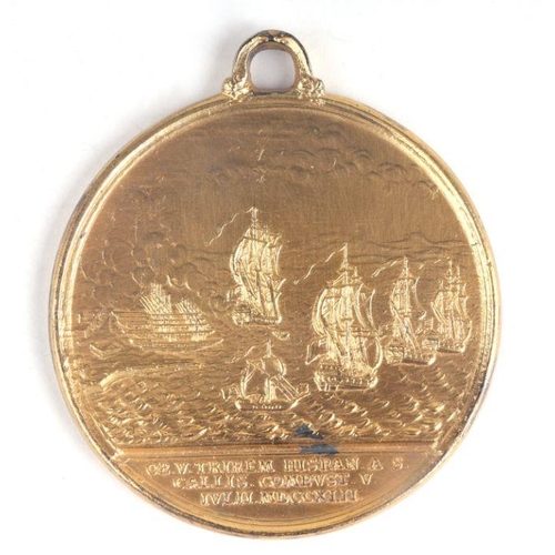 177 - A 19th century gilt bronze medal by T. Pingo, presented to 'Captain Smith Callis, 1742', by King Geo... 