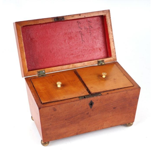 195 - A 19th century satinwood two-division sarcophagus form tea caddy on brass ball feet, 23cms wide.