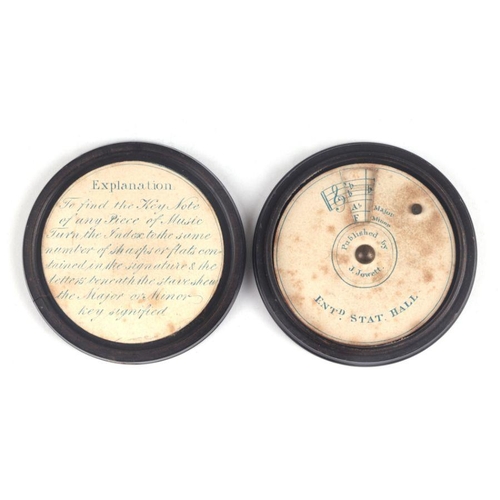 20 - A rare mahogany cased musical note finder, published by 'J Jowett', 5cms diameter.