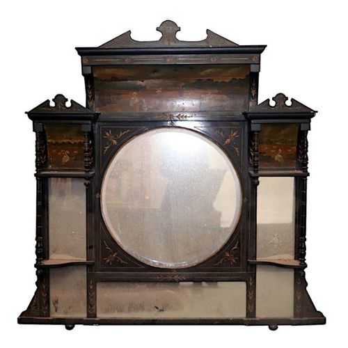 2194 - An Aesthetic Movement ebonised overmantle mirror, the panels hand painted with river scenes and eagr... 