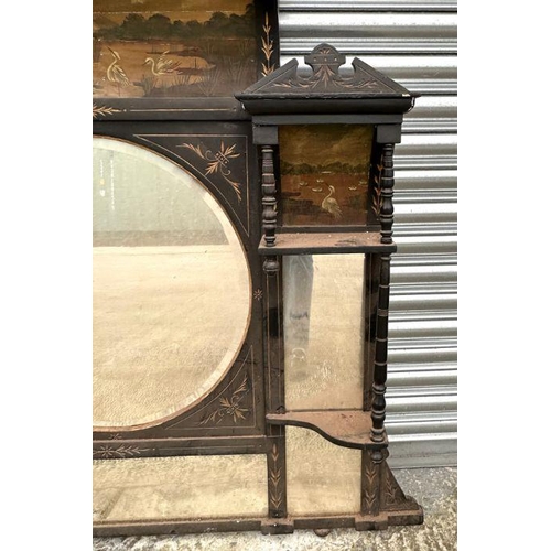 2194 - An Aesthetic Movement ebonised overmantle mirror, the panels hand painted with river scenes and eagr... 