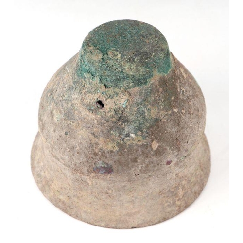 258 - An ancient Roman large bronze vessel, 12cms high; together with a bronze oil lamp with horse head ha... 