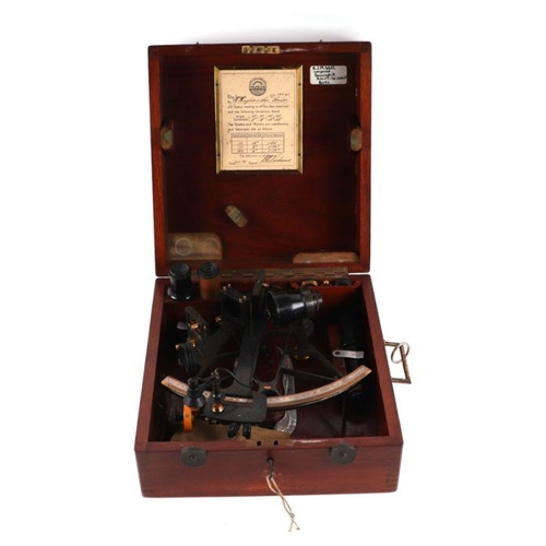 277 - An H Hughes & Son Ltd, London, 'Husun' patent sextant in a mahogany case, 30cms wide.