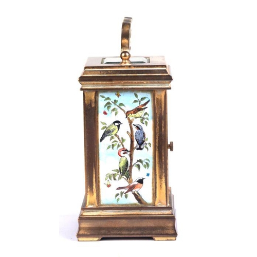 302 - A miniature brass and enamel carriage time piece decorated with British birds and foliage, retailed ... 