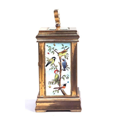 302 - A miniature brass and enamel carriage time piece decorated with British birds and foliage, retailed ... 