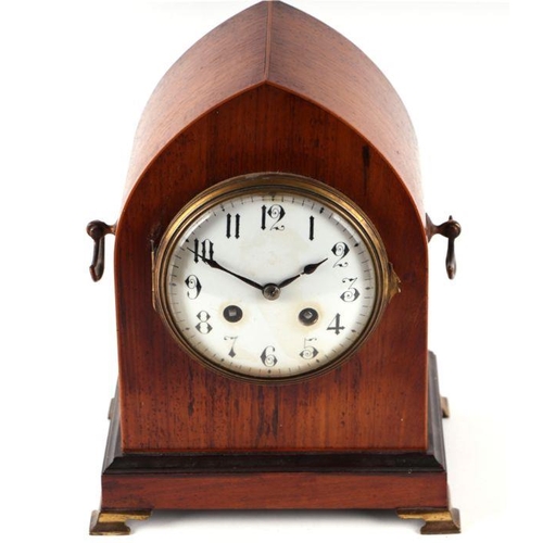 308 - An Edwardian mantle clock, the white dial with Arabic numerals and fitted with a two-train movement ... 