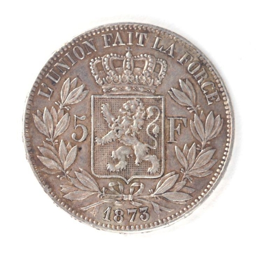 313 - A Leopold II Belgian silver five franc coin, 1873.