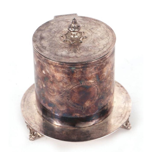 359 - A silver plated biscuit barrel of cylindrical form with engraved decoration, 21cms high.