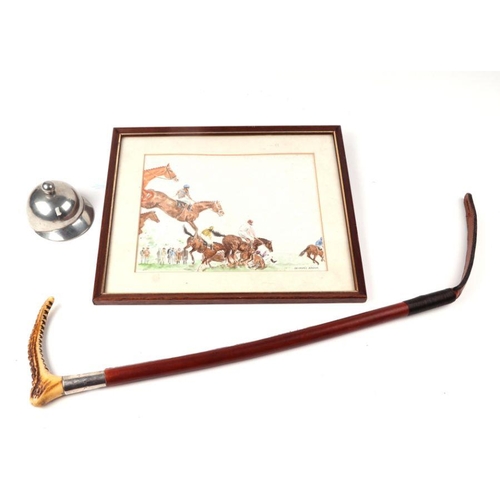 36 - Horse racing interest:  A Brigg leather riding crop with antler handle and silver collar, 50cms long... 