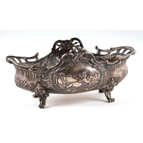 363 - A continental 800 grade silver basket decorated with classical figures, on four feet, 22cms wide, 33... 