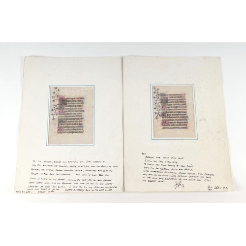 741 - A pair of illuminated pages with Latin script.