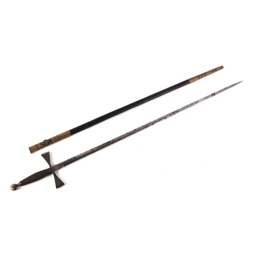 799 - A Masonic Court sword with wire grip, in a brass mounted leather scabbard, 85cms long.