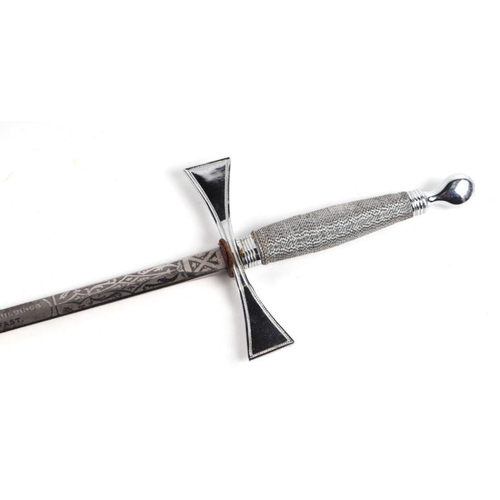 800 - A Masonic Court sword with plated wire grip and silver plated mounted leather scabbard, the etched b... 