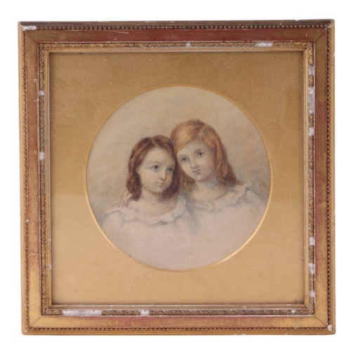 825 - 19th century school - Portrait of Two Young Girls - watercolour, framed & glazed, 14cms diameter... 