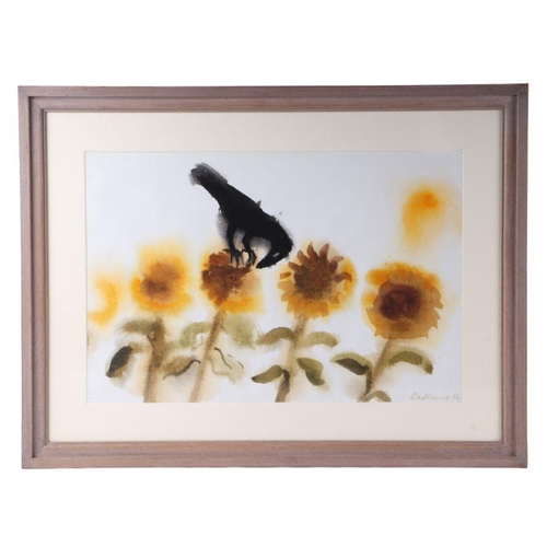 827 - Michael Cullimore (b1936)- Crow on Sunflowers - signed & dated '86 lower right, watercolour, Aus... 