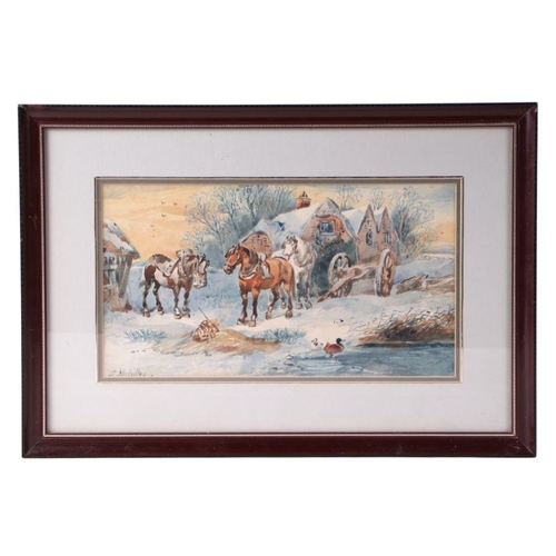 830 - H Melville - Horses in a Snowy Scene Beside a Pond - signed lower left, watercolour, framed & gl... 