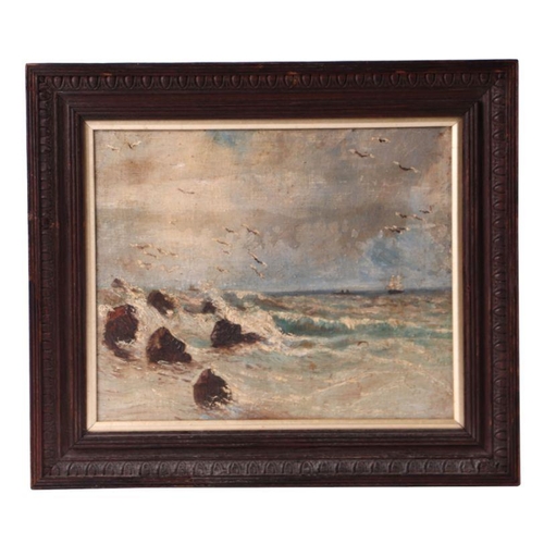 831 - 19th century school - Stormy Seascape with Sailing Ship in the Background - oil on canvas, framed, 2... 