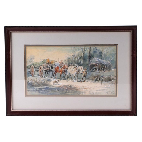 832 - H Melville - Horses Pulling a Log Cart on a Country Lane - signed lower right, watercolour, framed &... 