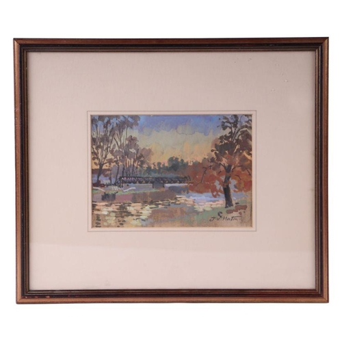 835 - J V Horton - River Landscape Scene with a Bridge i the Background - signed lower right, watercolour,... 