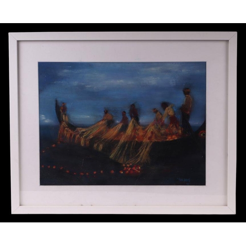 843 - Moroug (?) (South East Asian school) - Night Fishermen Hauling in their Nets - indistinctly signed l... 