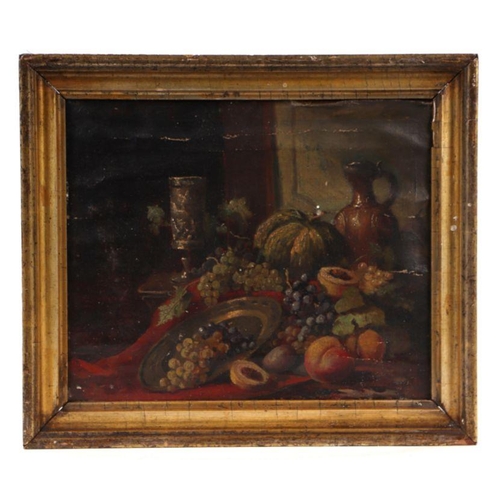 844 - 19th century school - Still Life Study of Fruit on a Table - oil on canvas, framed, 29.5 by 25cms.