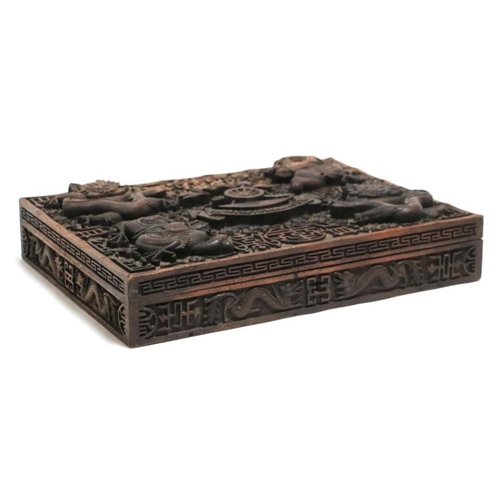 90 - An Anglo-Chinese wooden box profusely carved, the lid bearing the badge of the Royal Artillery surro... 