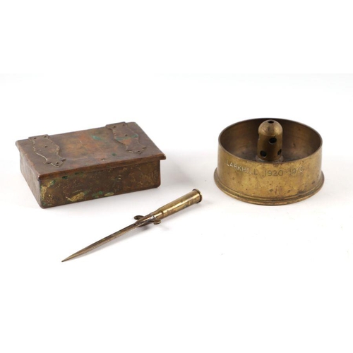 92 - A large wooden trench art money box in the form of a WWI tank, approx 26cms long and other items of ... 