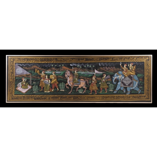 824 - Indian school - A pair of watercolours on silk depicting figures in a procession, framed & glaze... 