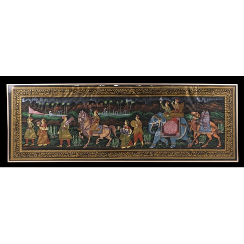 824 - Indian school - A pair of watercolours on silk depicting figures in a procession, framed & glaze... 