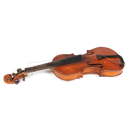 23 - A two-piece back violin with mother of pearl inlaid decoration, approx 59cms long.