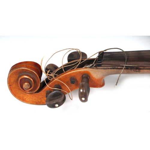 23 - A two-piece back violin with mother of pearl inlaid decoration, approx 59cms long.