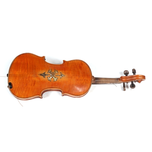 23 - A two-piece back violin with mother of pearl inlaid decoration, approx 59cms long.