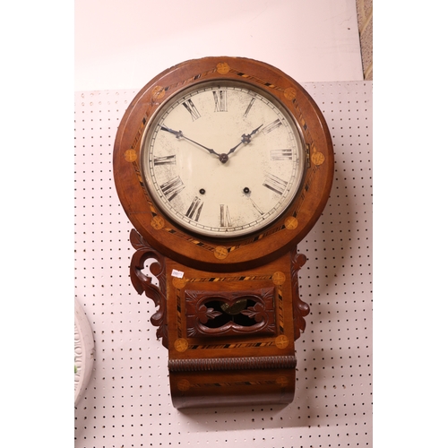 299 - A Victorian inlaid mahogany drop-dial wall clock, the white painted dial with Roman numerals, 69cms ... 