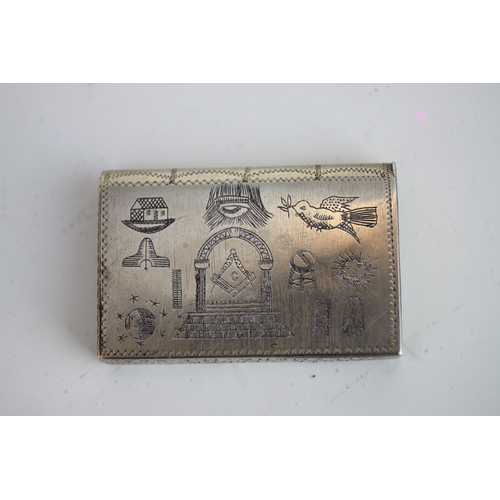 334 - A silver plated Masonic vesta case of book form with twenty diverse Masonic symbols, engraved Northe... 