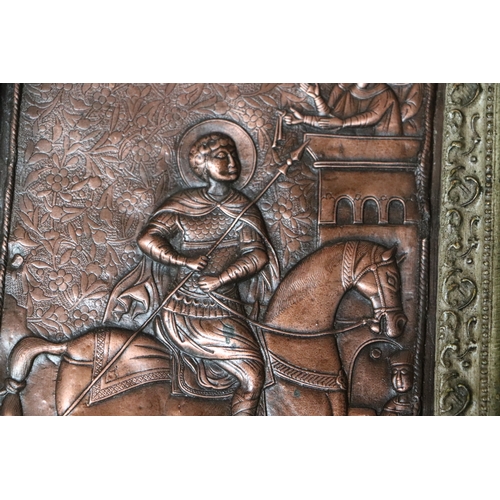 253 - A 19th century Byzantine style repousse copper icon plaque, later framed, 12 by 17cms.