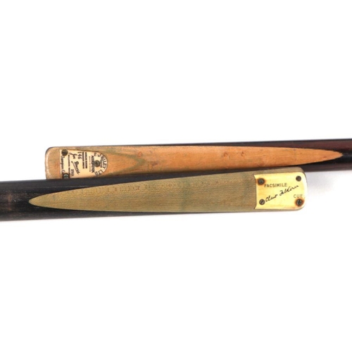 123 - A Riley Joe Davis snooker cue in a black japanned tinned case; together with another similar; a 1931... 