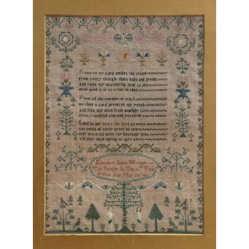 163 - A William IV sampler by Elizabeth Smith Wraught aged 11 years, with verse, Adam and Eve, birds and o... 