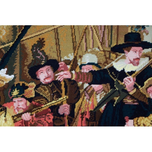 169 - A large tapestry picture depicting cavaliers, framed, 125 by 79cms.